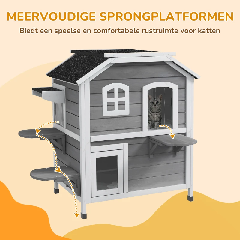 PawHut kattenhuis voor buiten kattenhut met 2 verdiepingen kattenvilla, asfaltdak, massief hout grijs(m-5)