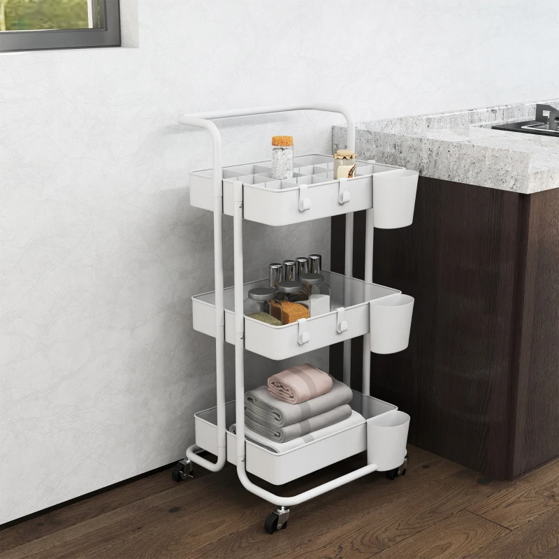 HOMCOM Rollwagen, Servierwagen, 3 Ablagekörbe, 3 Hängeboxen, 4 Haken, Metallrahmen, 42 x 38 x 86,5cm, Weiß