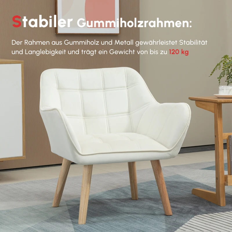 HOMCOM Polstersessel, Akzentsessel, Skandi Design, Samtoptik, bis 120 kg, Kautschukholzbeine, Creme