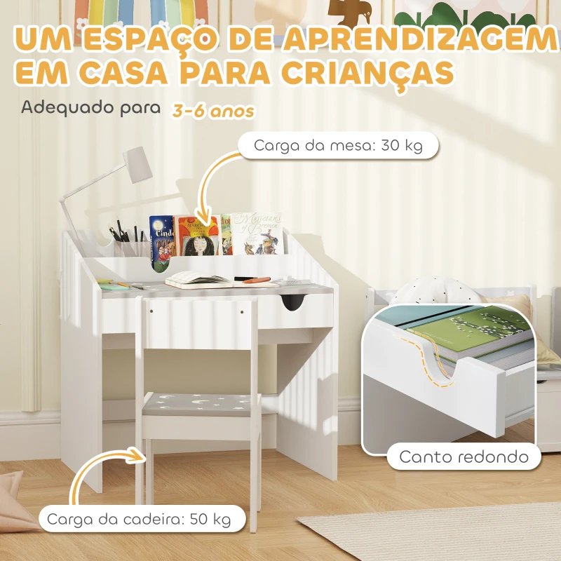 AIYAPLAY Conjunto de Secretária e Cadeira para Crianças com Gaveta Amovível e Compartimento para Dormitório Sala de Jogos Cinza e Branco