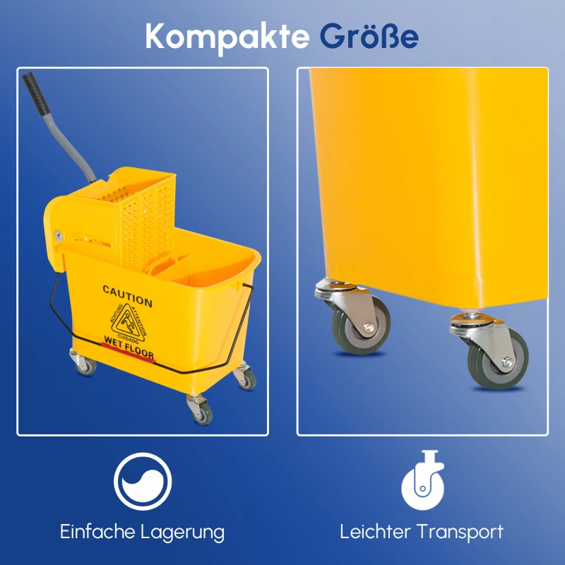 HOMCOM 20 L Mopp-Eimer mit Auswringer und Griff, Wischmopp-Eimer auf Rädern, Kunststoff, Gelb