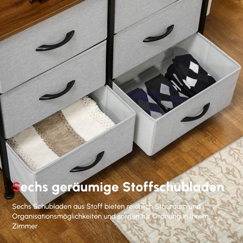 HOMCOM Kommode Sideboard, 6 Schubladen, Stoffschubladen, 80 cm x 30 cm x 62,5 cm, Braun + Schwarz + Grau