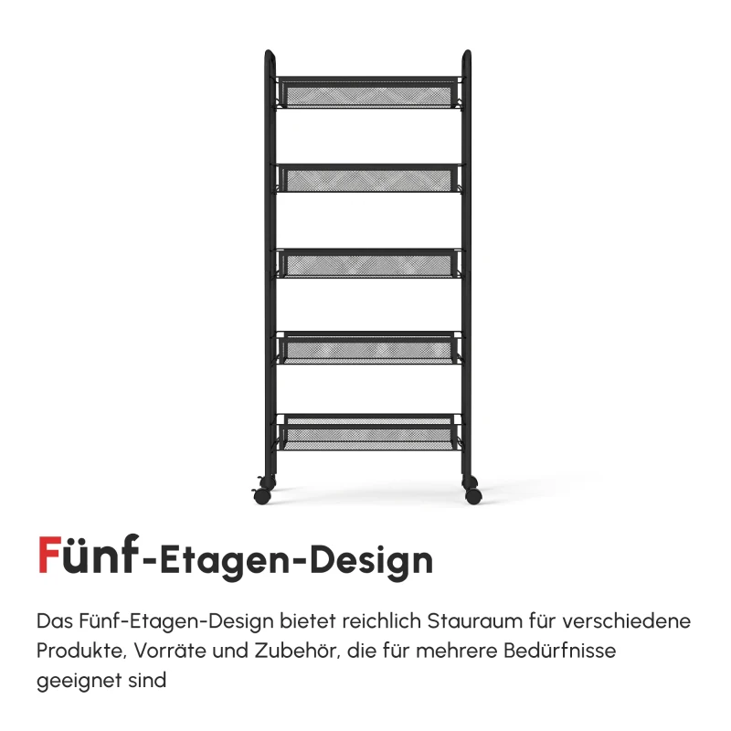 HOMCOM Küchenwagen mit 5 Drahtkörben, 4 Haken, 4 Rollen, 2 Griffe, Stahl/Kunststoff, 45x26,5x106 cm, Weiß
