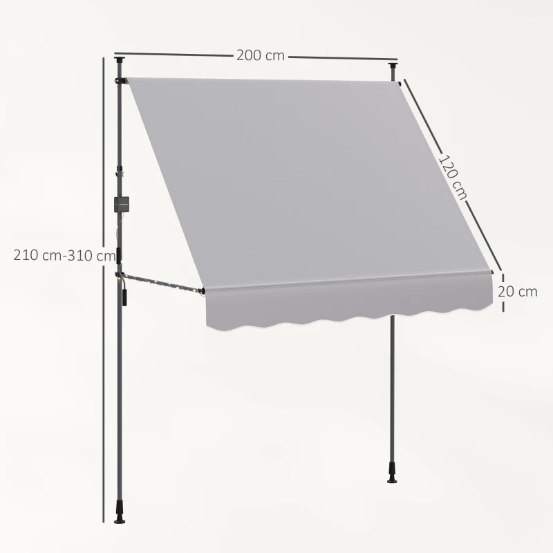 Outsunny Toldo Manual Retráctil 2x1,2 m Toldo Exterior Enrolável Altura Ajustável com Manivela 210-310 cm Proteção UV30+ Cinzento