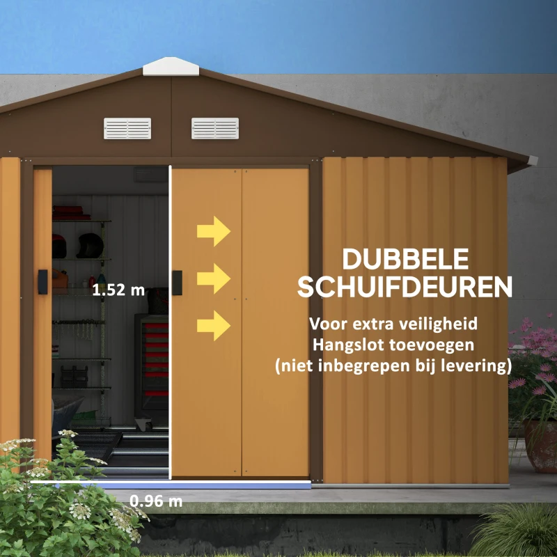 Outsunny Metalen Tuinhuis 340x386x200cm, Waterdicht voor Tuinbenodigdheden, bruin