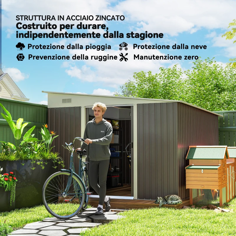 Outsunny Casetta da Giardino con Porta Scorrevole, in Acciaio, 345x280.5x169-201cm, Grigio