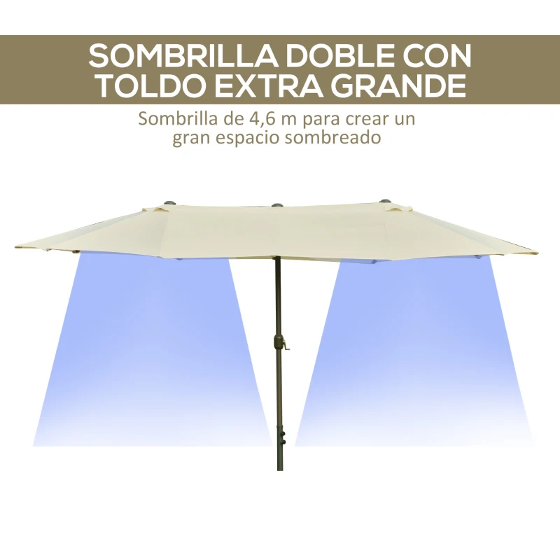Outsunny Sombrilla Doble para Jardín 455x265x238 cm Parasol Grande con Manivela Manual Resistente al Agua Protección Solar Crema