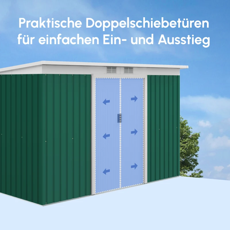 Outsunny Metall Gerätehaus 6,3m³ 280x130x172cm Geräteschuppen mit Pultdach Schiebetür wetterfest Gartenhaus Outdoor Garten Schuppen Schrank für Hinterhof Außenbereich Anthrazit, Dunkelgrün