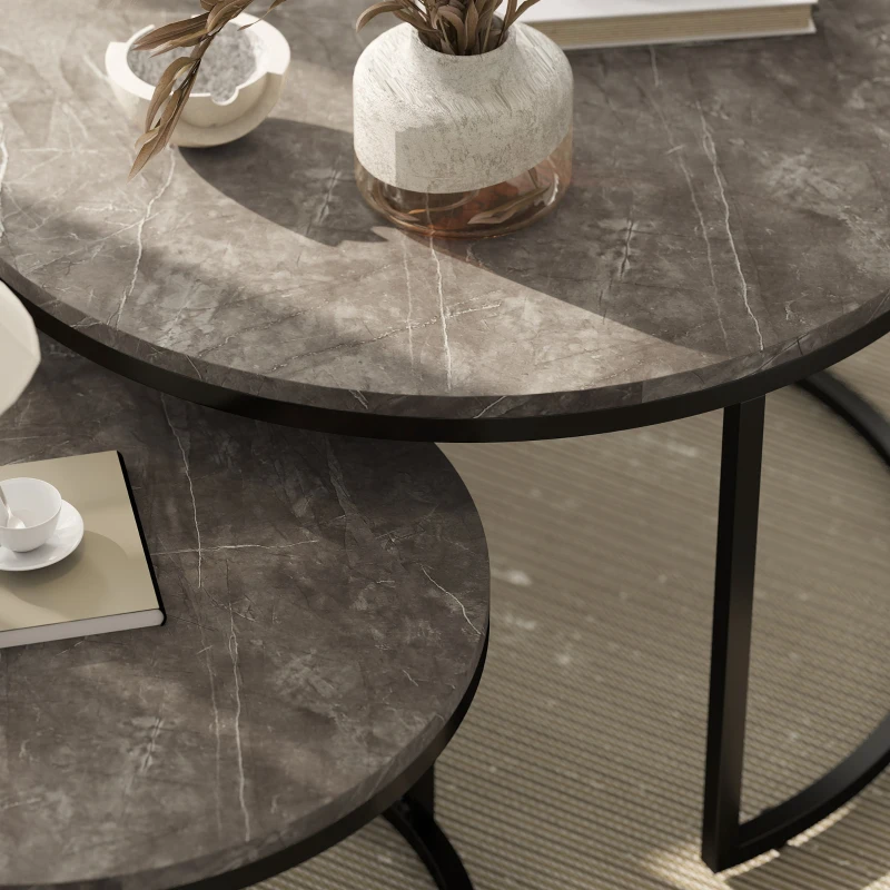 HOMCOM Industrial Nesting Coffee Table Set of 2, Round Coffee Tables, Living Room Table with Faux Marbled Top and Steel Frame