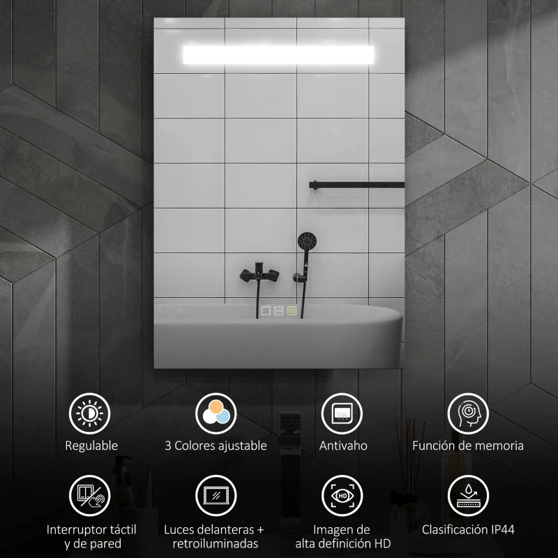 HOMCOM Espejo de Baño con Luz LED 70x50 cm con 3 Colores de Luz Función Antivaho Función de Memoria IP44