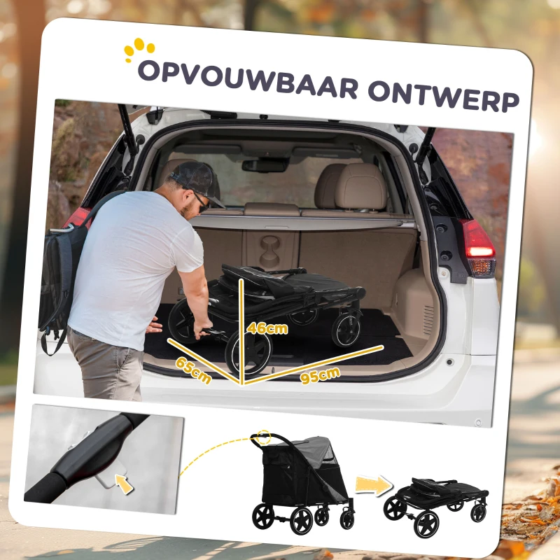 PawHut Hondenbuggy, Opvouwbaar, 1 Opbergmand, 112 cm x 65 cm x 100 cm, Grijs(m-5)