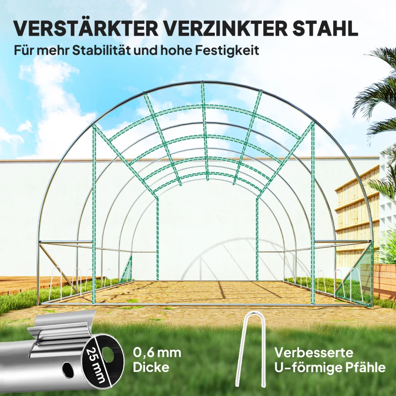 Outsunny Serre tunnel de jardin 3 x 4 x 2 m avec porte enroulable et grandes fenêtres, en acier galvanisé et PE, vert