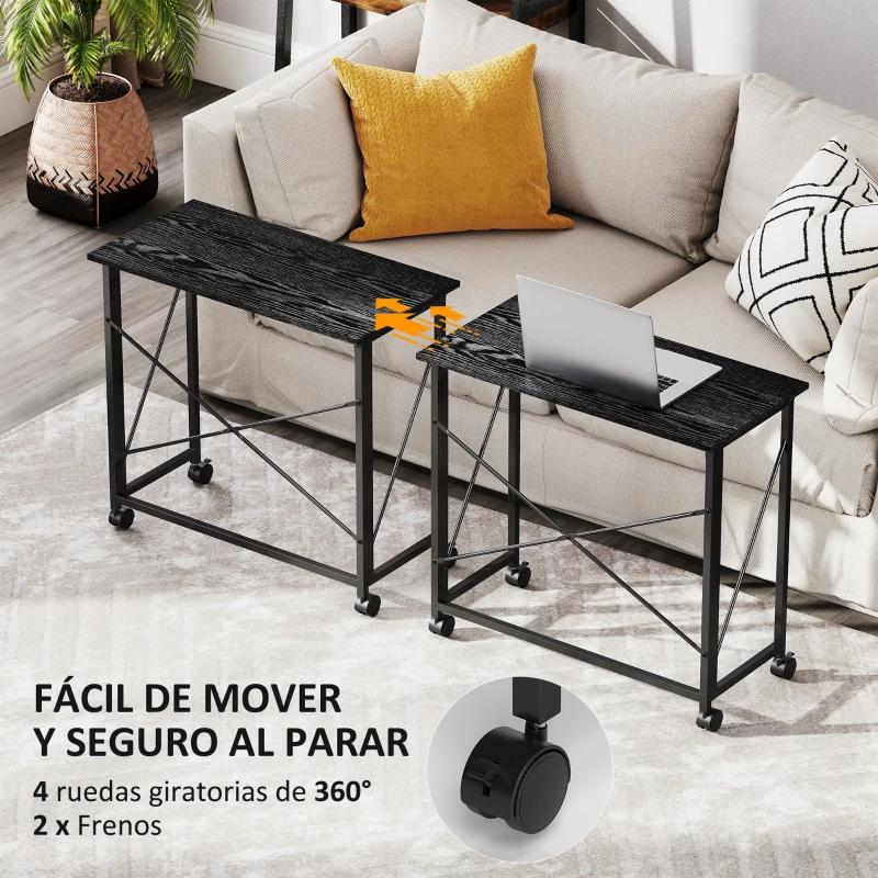 HOMCOM Escritorio Plegable con Ruedas y Estructura Resistente Ideal para Oficina y Estudio 80x40x75 cm Negro
