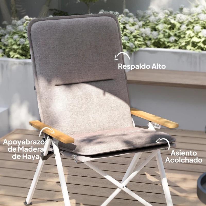 Outsunny Sillas de Camping Plegables de Aluminio con Respaldo Alto Ajustable Reposabrazos de Madera 59x67x96 cm Gris Claro