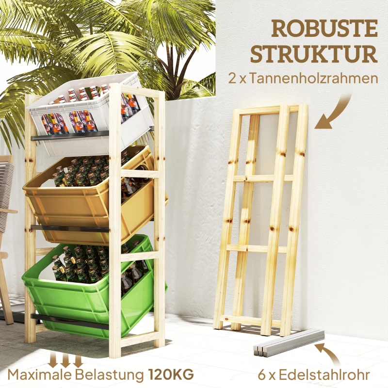 Outsunny Getränkekistenregal für 3 Getränkekisten Getränkeregal Holz Kistenregal mit 3 Ebenen 56 x 32 x 112 cm Naturholz
