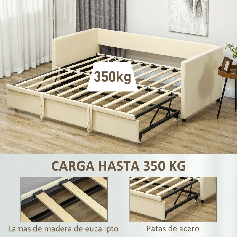 HOMCOM Cama Nido Tipo Diván 2 en 1 con Base Metálica y Tapizado Cama Inferior Extraíble para Colchones de 90x190 cm Beige