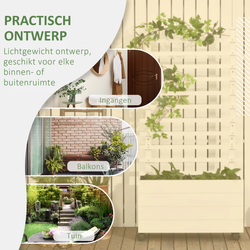 Outsunny plantenbak met trellis wielen bloembak met trellis hout wit