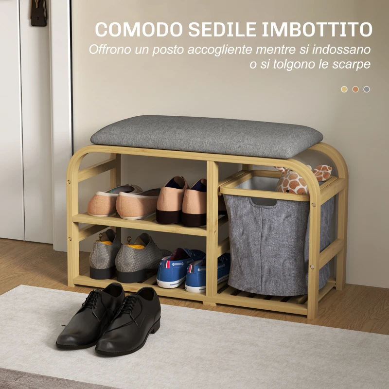 HOMCOM Panca Scarpiera da Ingresso con Seduta Imbottita, Design a Doghe e Cestino Estraibile, 70x30x45 cm, Legno