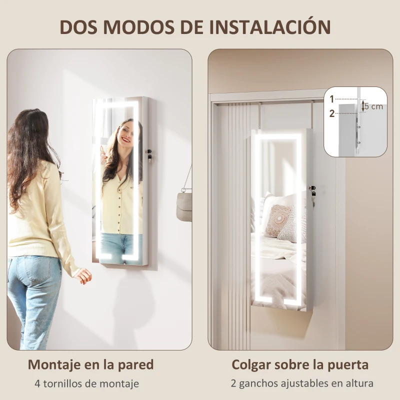 HOMCOM Espejo Joyero de Pared con Luces LED y Cerradura Armario de Joyas para Colgar en la Pared o en la Puerta Blanco