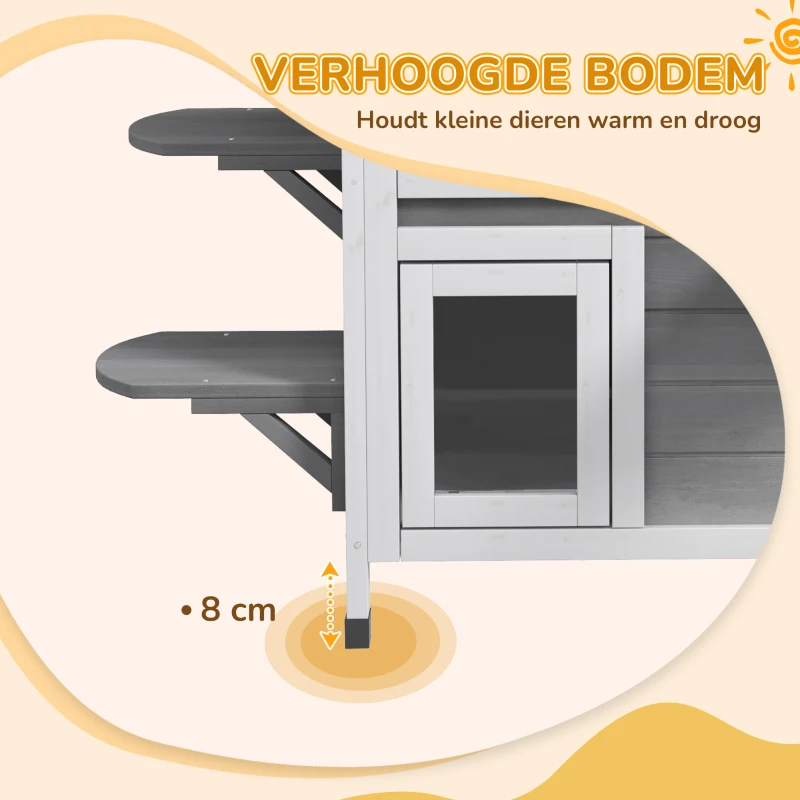 PawHut kattenhuis voor buiten kattenhut met 2 verdiepingen kattenvilla, asfaltdak, massief hout grijs(m-6)
