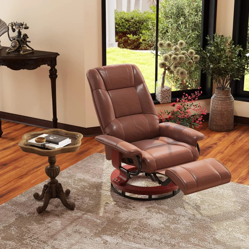 HOMCOM Relaxsessel, 145° neigbar, verstellbare Fußstütze, Kunstleder, 360° drehbar, bis 120 kg, Braun(m-2)