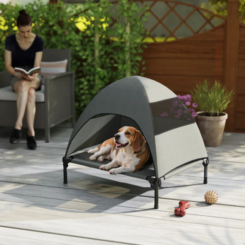 PawHut Leżanka dla Psa na Zewnątrz z Daszkiem, Podwyższone Łóżko dla Psów Średniej Wielkości, 76 x 61 x 71cm, Jasnoszary