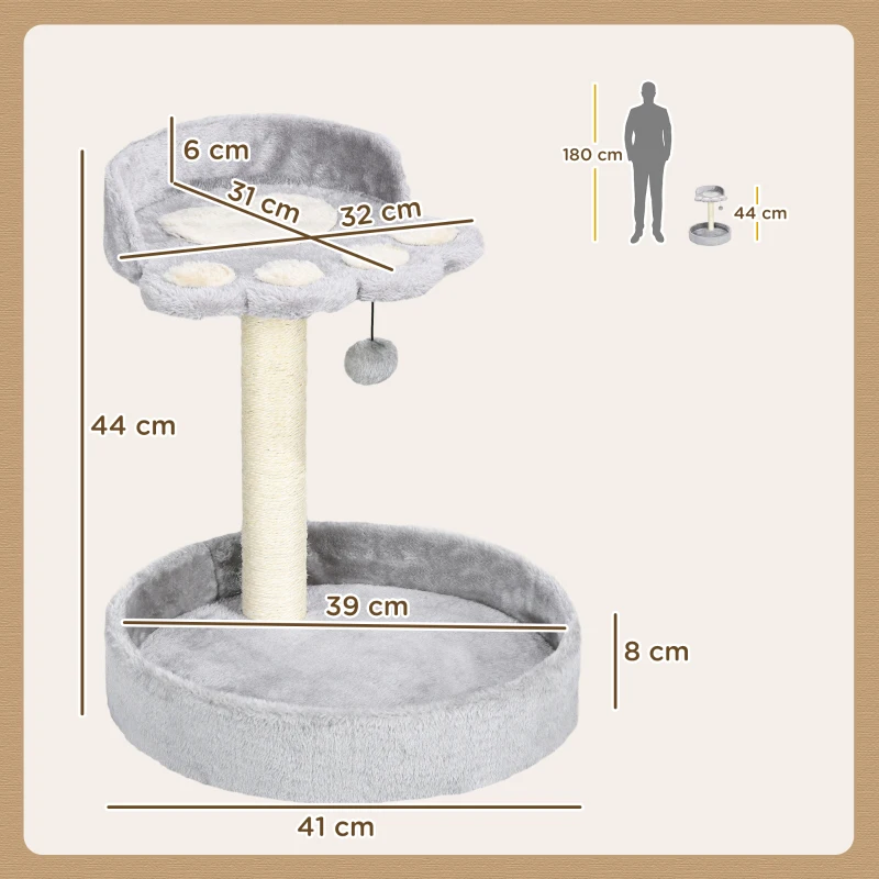PawHut Tiragraffi per Gatti con Lettini, Corda in Juta e Peluche, 41x41x44 cm, Grigio Chiaro