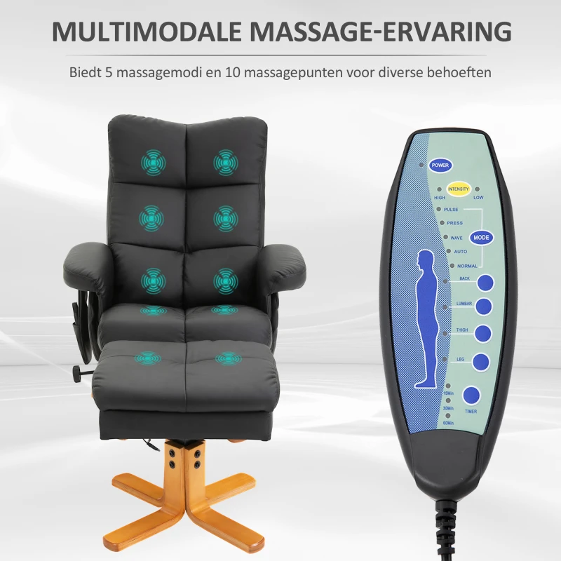 HOMCOM massagestoel met voetenbank relaxstoel kantelbaar tot 145° kunstleer zwart 80 x 86 x 99 cm