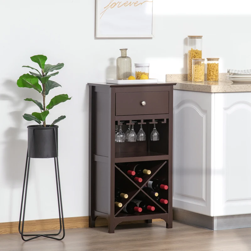 HOMCOM Casier à vin Meuble de rangement pour bouteille de vin Porte-bouteilles + Support Verres + tiroir - Marron