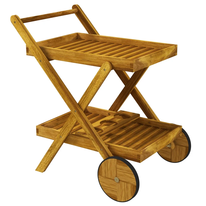 Outsunny Desserte de jardin chariot pour barbecue en bois avec 2 plateaux, 3 casiers à bouteilles et 2 roues bois naturel