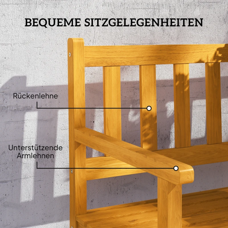 Outsunny 2-Sitzer Gartenbank Holz, wetterfest Sitzbank mit Rücken- & Armlehnen 320kg belast 149x56,5x89cm, Teak(m-7)