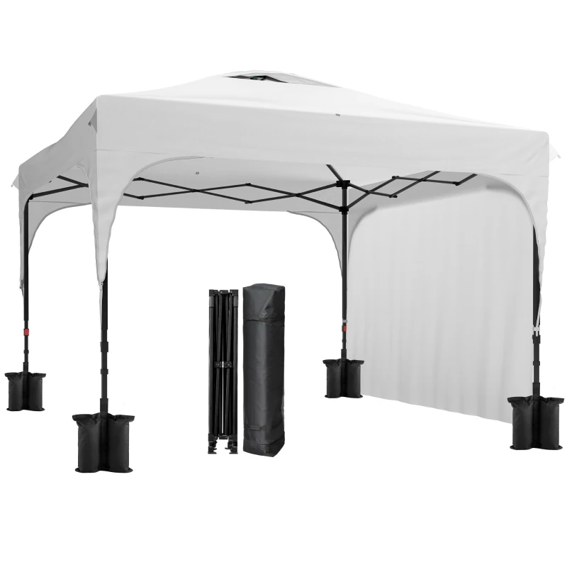Outsunny Cenador de Jardín 3x3 m con Altura Ajustable 1 Pared Lateral Impermeable 4 Bolsas de Arena y Bolsa de Transporte Blanco
