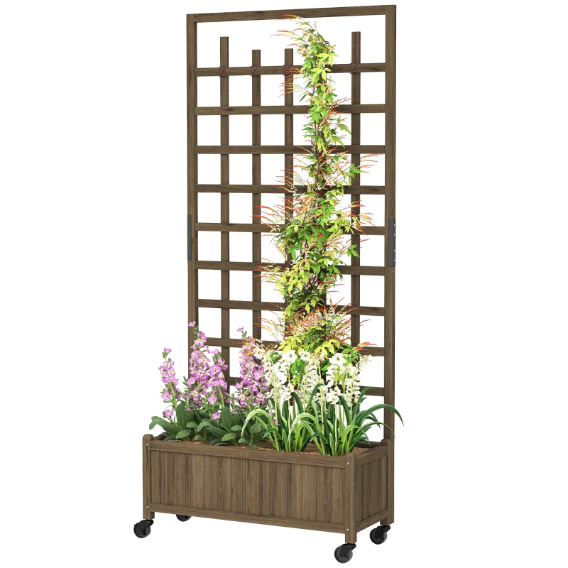 Outsunny Wooden Trellis Planter, Raised Garden Bed with Wheels, to Climb and Grow Vegetables, Herbs and Flowers, Brown