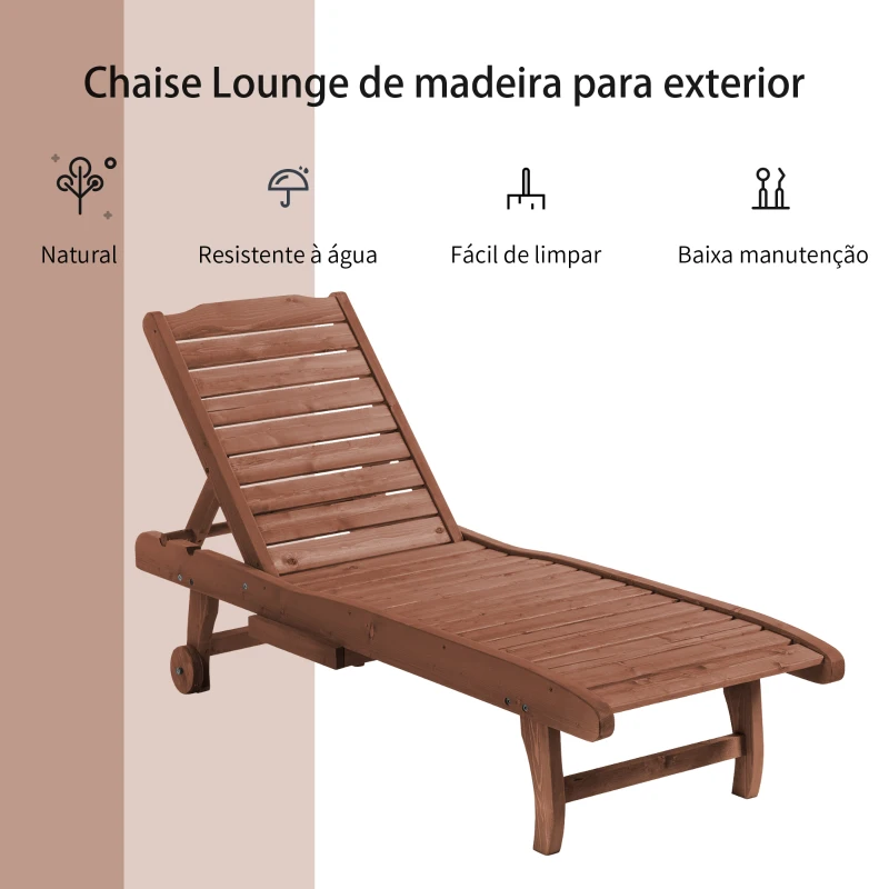 Outsunny Espreguiçadeira de Madeira para Exterior Cadeira Reclinável de Jardim com 2 Rodas para Terraço 182x60x35 cm Natural