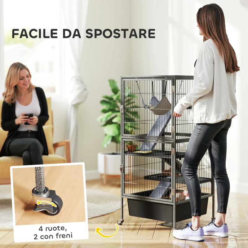 PawHut Gabbia per Piccoli Animali a 4 Livelli con Rampe, Piattaforme, Amaca e Ruote, 52x52x115 cm, Grigio