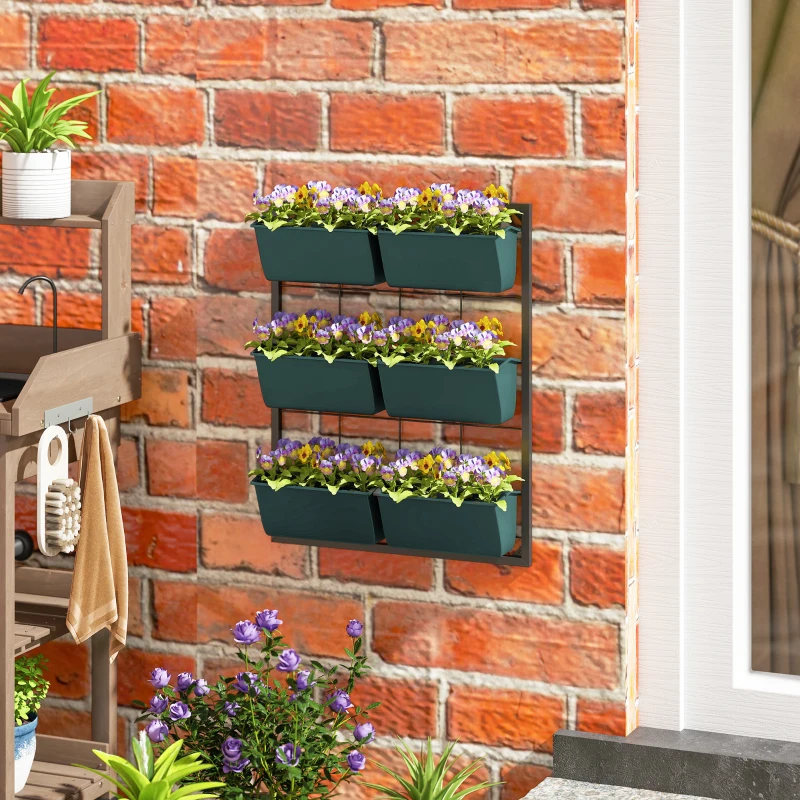 Outsunny Orto Verticale a 3 Livelli con 6 Vasi in Acciaio e Plastica, 52x14x66cm, Verde Scuro