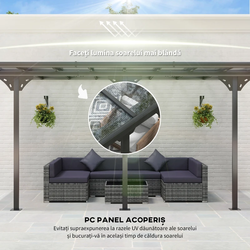 Outsunny Pergola montata pentru gradina din policarbonat si aluminiu, montare reglabila, gri