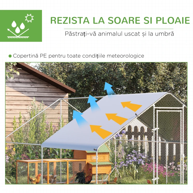 PawHut Coteț de Găini cu Cadru Zincat și Plasă Hexagonală, Țarc cu Acoperiș Impermeabil pentru Găini, Rațe și Iepuri, 3x4x2 m(m-5)