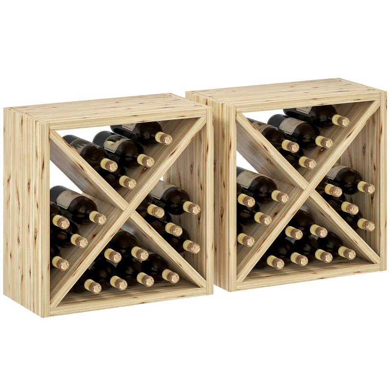 HOMCOM Set of 2 Wooden Wine Rack, X-Shaped Square Tabletop Storage Holder for 24 Bottle, Natural Wood