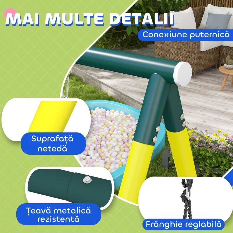 Outsunny Set de Leagan pentru Copii 4 in 1 cu Leagan cu Farfurie, Scaun, Scara/Plasa de Catarat, Cos de Baschet, Galben(m-7)