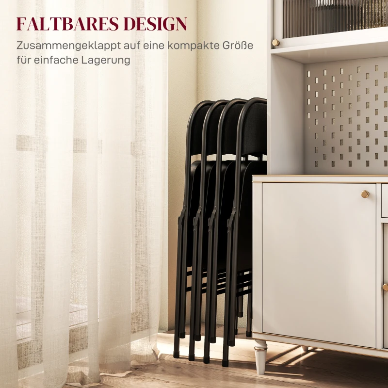 HOMCOM 4-delige Set Opklapbare Stoelen, Draagbare Kantoorstoelen, Metalen Poten, Opvouwbare Stoel voor Kantoor, Receptie, Wachtkamer, Linnen-Look, Zwart(m-6)