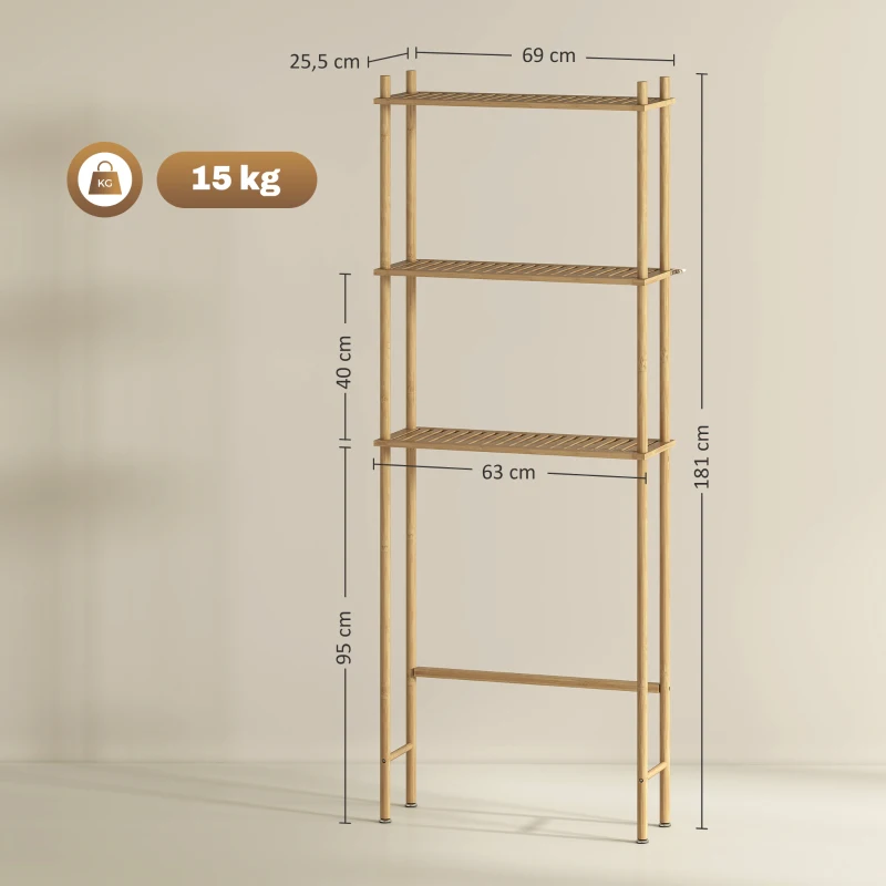 HOMCOM Ruimtebesparend Toiletregal 3 Niveaus, Natuurlijk Hout 69 x 25,5 x 181 cm