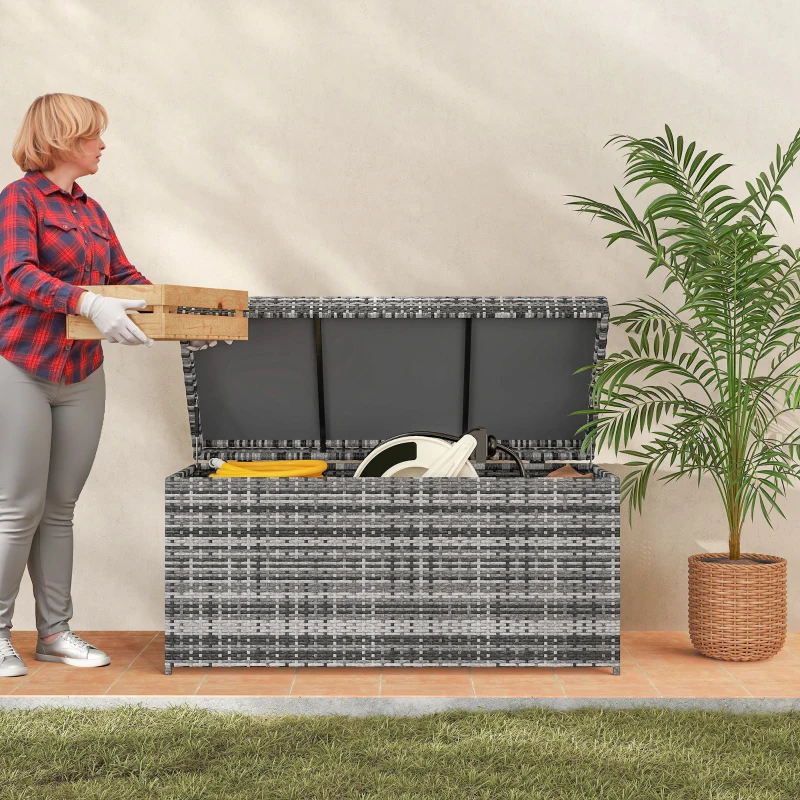 Outsunny Rattan Kussenbox 380L weerbestendig met Deksel Opbergbox UV-bestendig 130 x 61 x 65 cm Donkergrijs