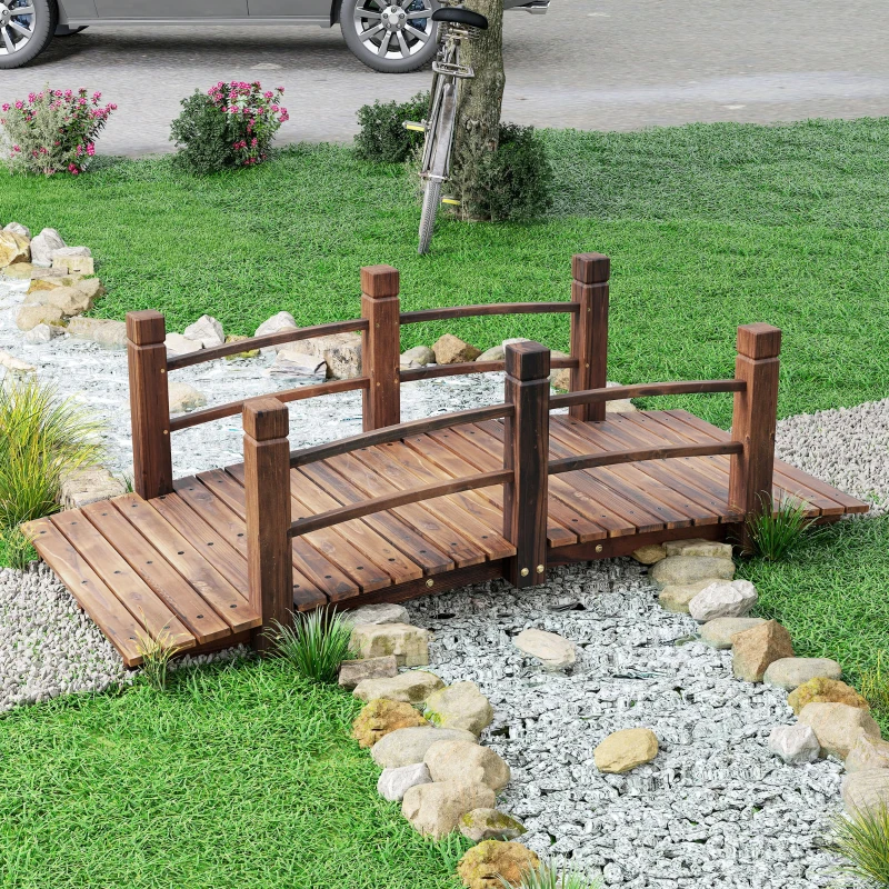 Outsunny 1.5M Wooden Garden Bridge Lawn Décor Stained Finish Arc Outdoor Pond Walkway w/ Railings Water Yard Decoration