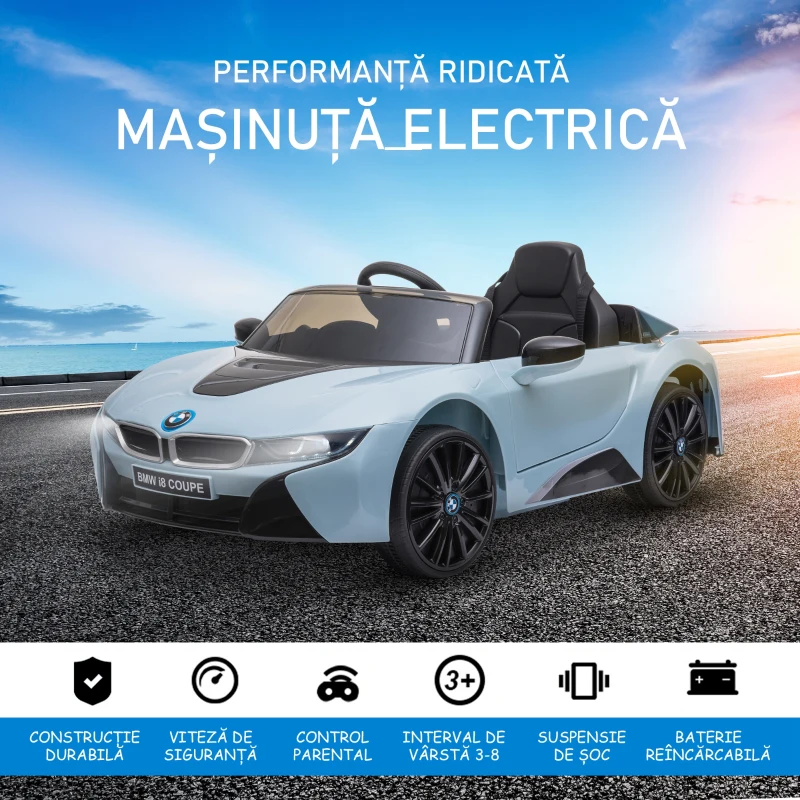 HOMCOM Licensed BMW i8 Coupé Masina Electrica, Telecomanda, MP3, Baterie pentru 3-8 Ani(m-4)