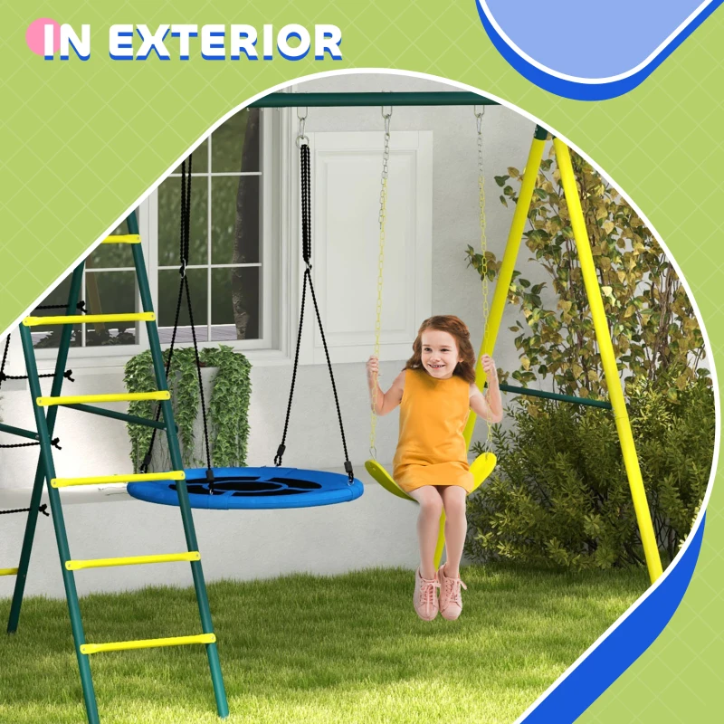 Outsunny Set de Leagan pentru Copii 4 in 1 cu Leagan cu Farfurie, Scaun, Scara/Plasa de Catarat, Cos de Baschet, Galben(m-6)