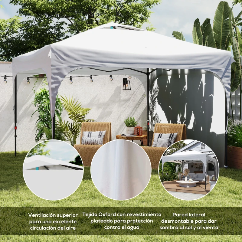 Outsunny Cenador de Jardín 3x3 m con Altura Ajustable 1 Pared Lateral Impermeable 4 Bolsas de Arena y Bolsa de Transporte Blanco