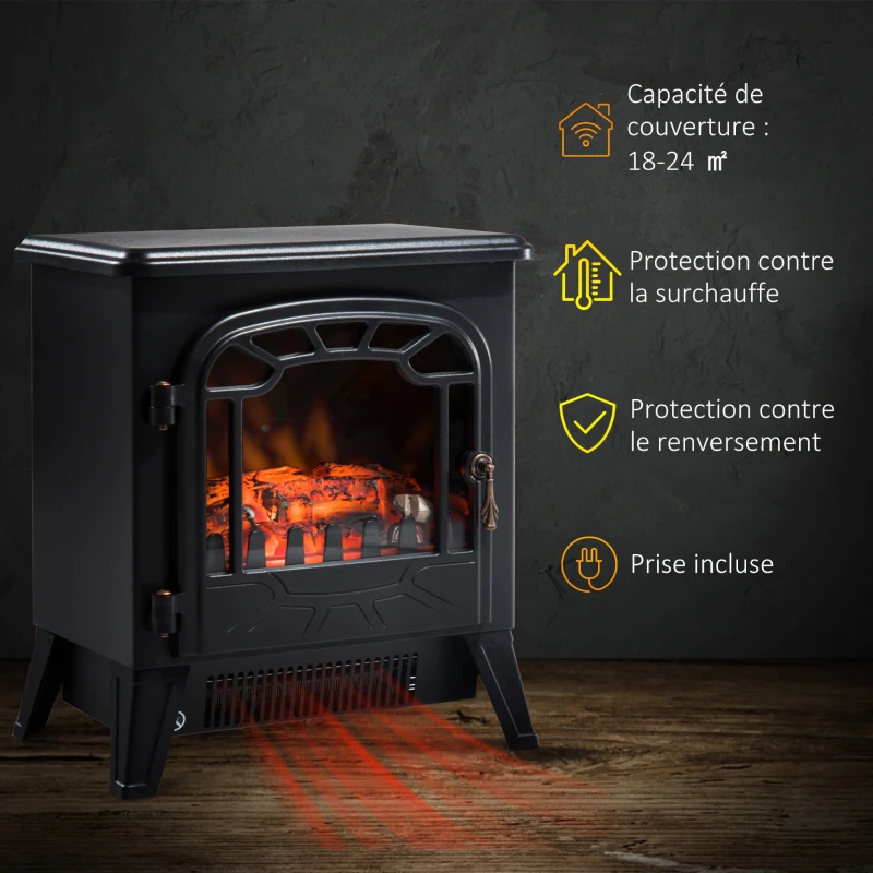 HOMCOM Cheminée électrique radiateur Imitation Flamme avec luminosité et réglable 925 W / 1850 W Porte métal Verre trempé Noir