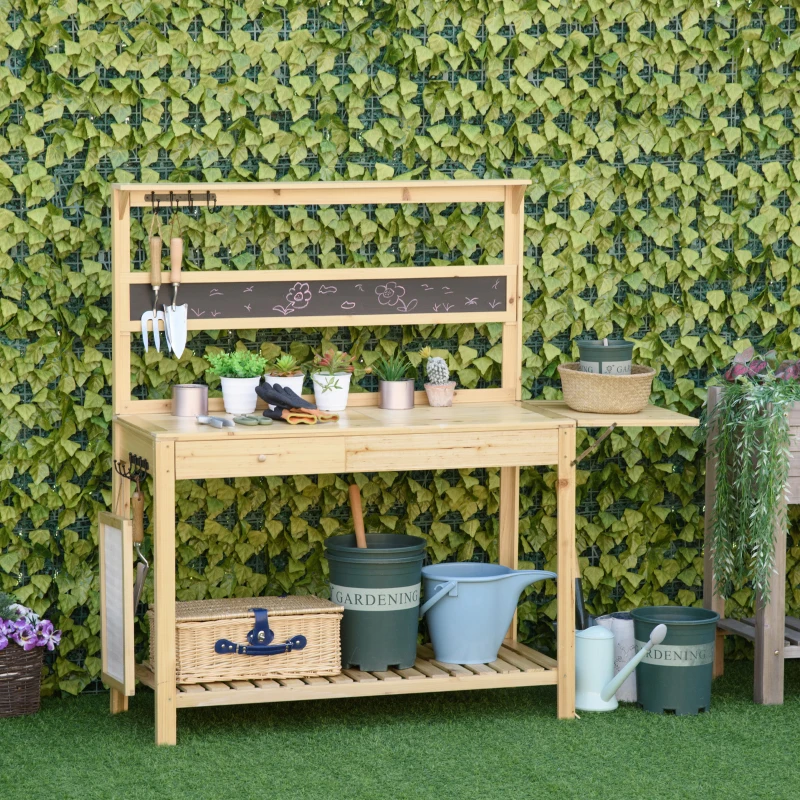 Outsunny Table de rempotage - table de jardinage avec 2 étagères, tiroir, tablette rabattable, 8 crochets, évier, tamis, tableau noir - table de plantation bois sapin