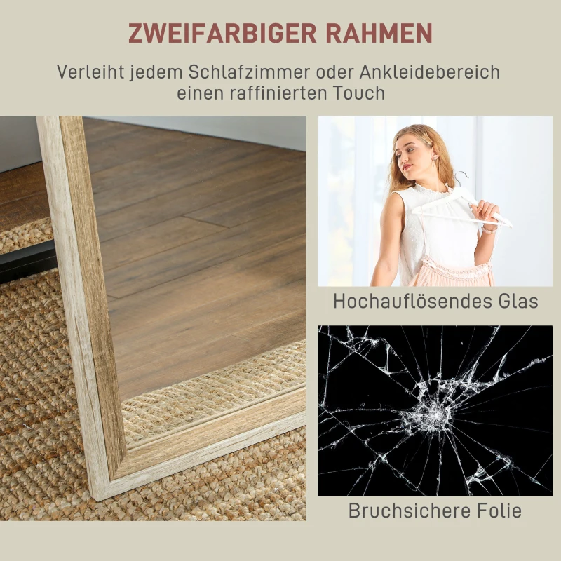 HOMCOM Volledige Lichaamsspiegel, MDF-frame, Splintervrije Folie, 162,6 x 53,3 cm, Natuurhout